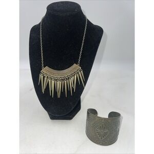 Brass Look Punk Rock Rivets Bronzed Antique Gold Necklace and Cuff Bracelet